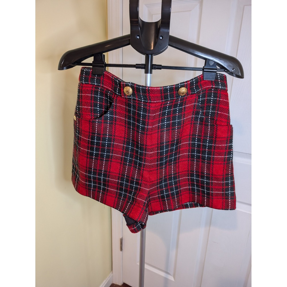 Zara‎ Plaid Tweed Shorts Women Large Red Black Gold Button High Waisted NWT